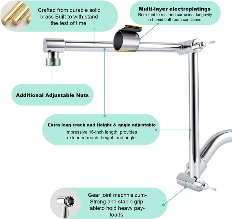 RLKDKJ Shower Head Extension Arm, 16 Inch Solid Brass Adjustable Extender with Lock Joint, Height & Angle Adjustable Shower Arm for Rainfall or Fixed Shower Head, G1/2 Connector (Chrome) - Image 5